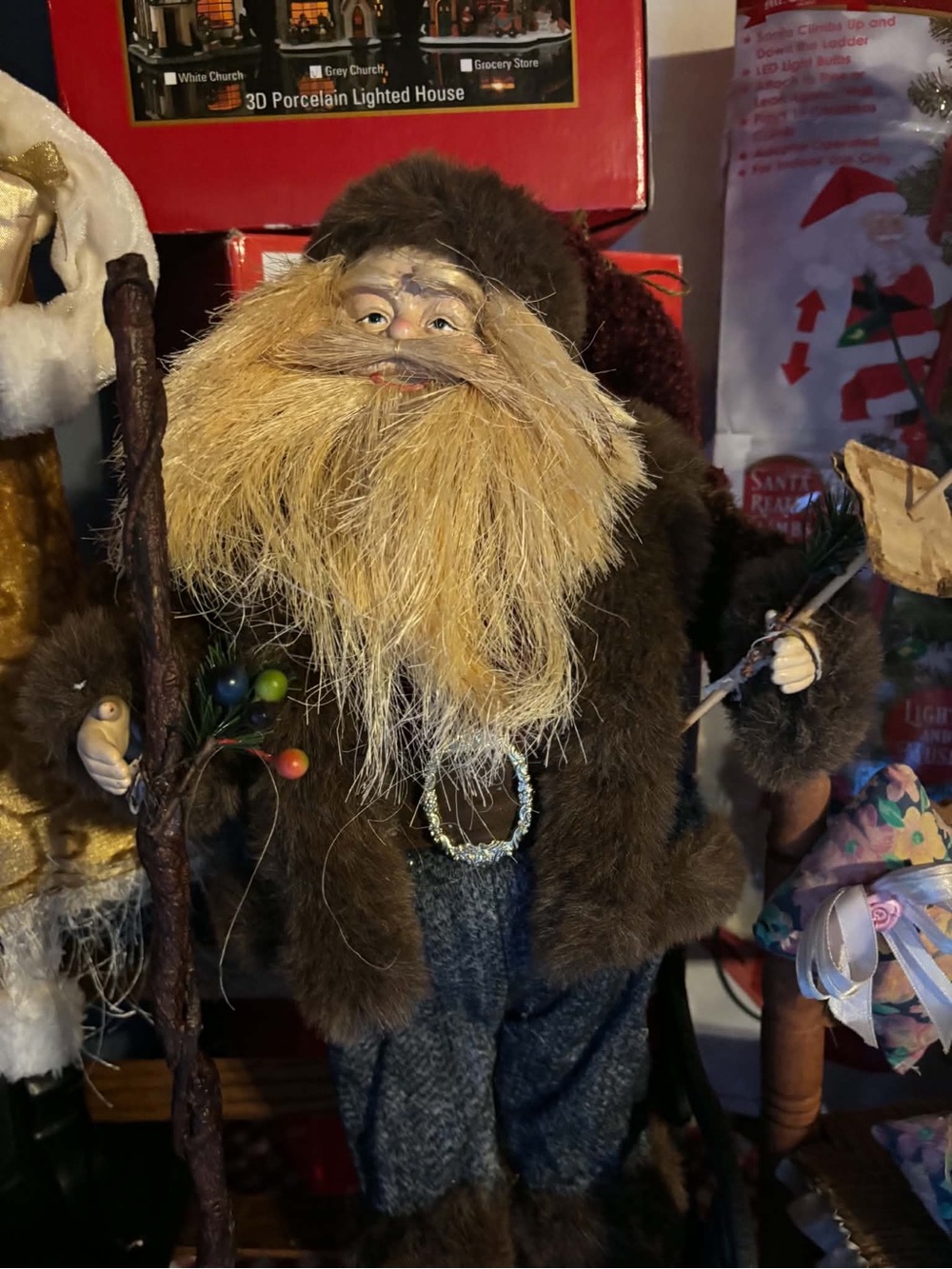 Holiday Santa Figurine in Brown Fur with Blonde Beard -